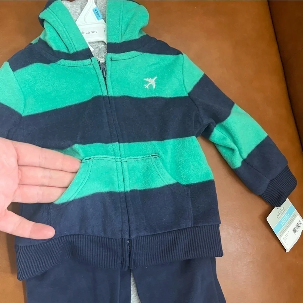 Carter’s 3 Piece 6M Infant Boys Striped Green Blue Fleece Matching Set NWT